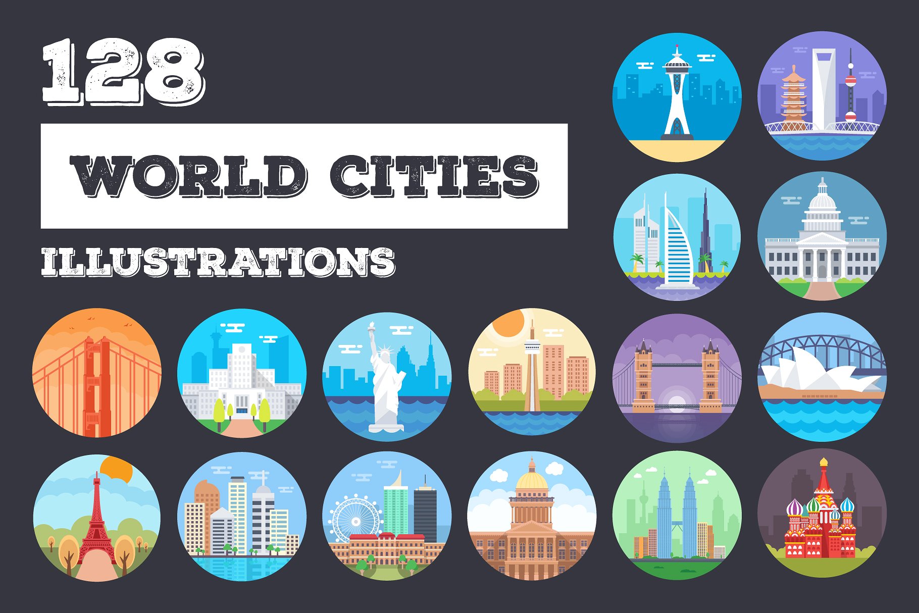 125+世界主要城市剪影矢量图形 125+ World Cities Illustrations插图
