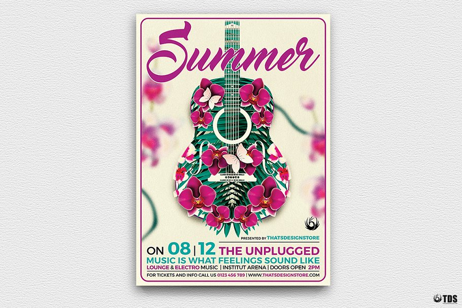 夏季吉他音乐会海报传单PSD模板 V1 Summer Unplugged Flyer PSD V1插图(1)