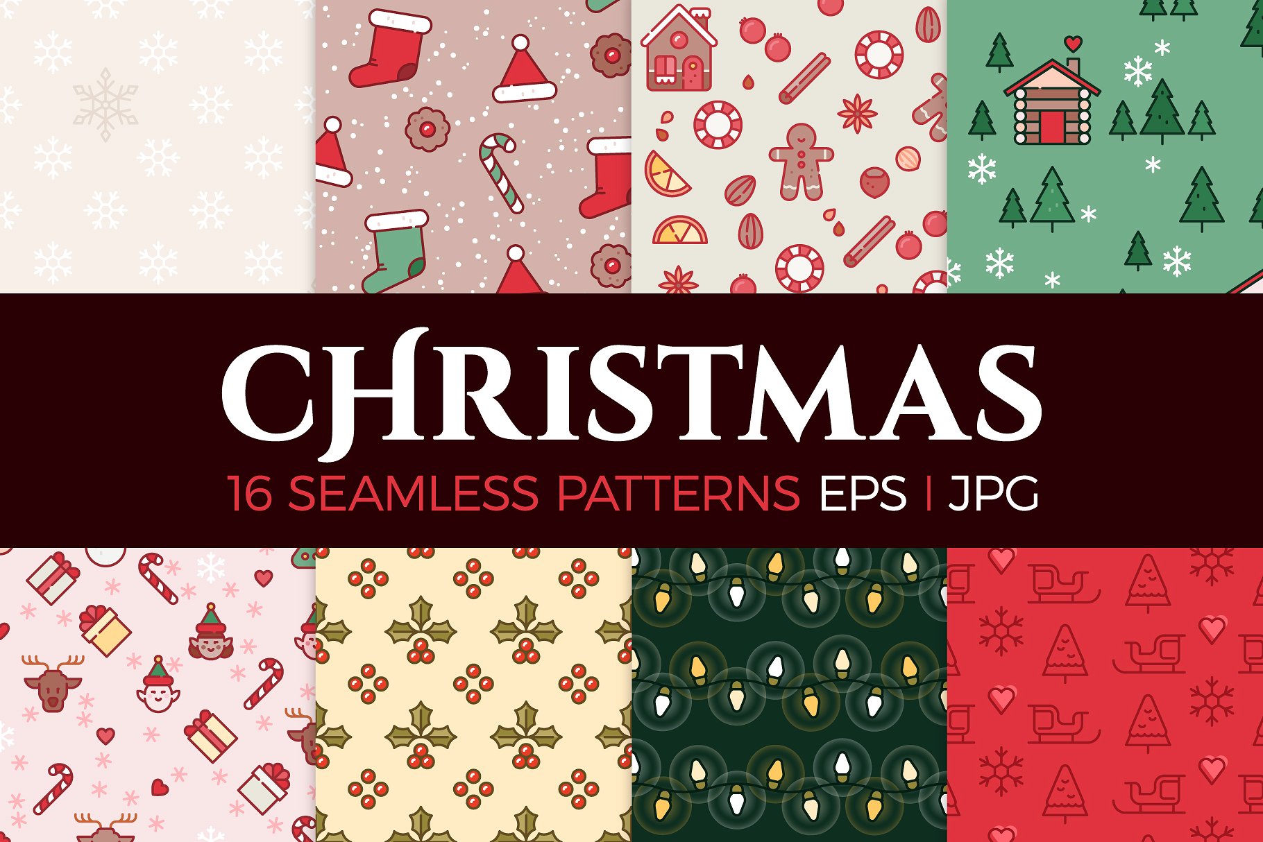 16个圣诞主题矢量无缝图案 16 Christmas seamless patterns插图