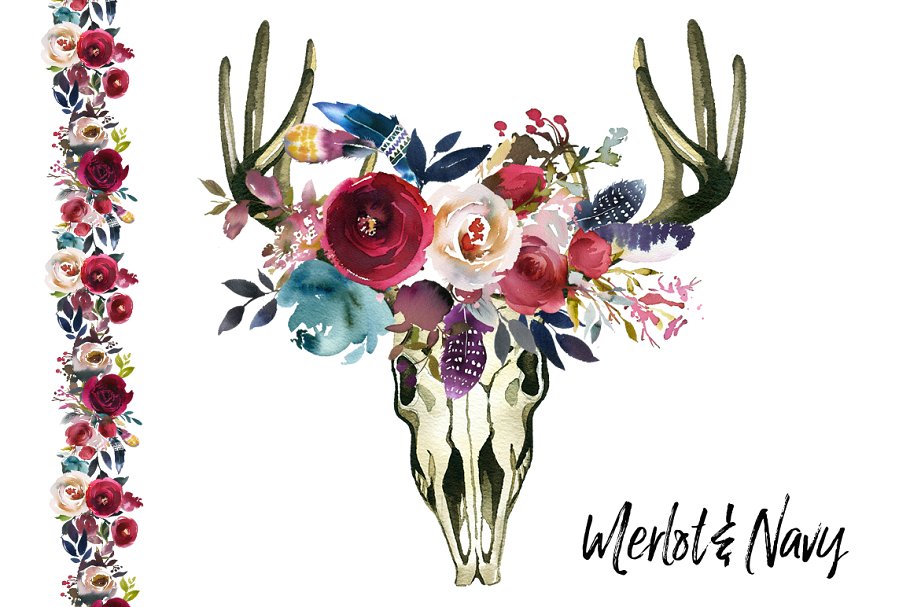 梅洛红&海军蓝水彩花卉设计素材包 Merlot & Navy Boho Floral Design Kit插图(6)