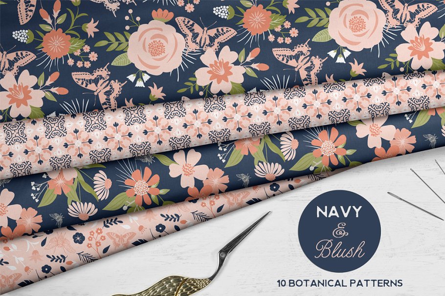 现代深浅海军蓝花卉几何图案 Modern Navy & Blush Floral Patterns插图