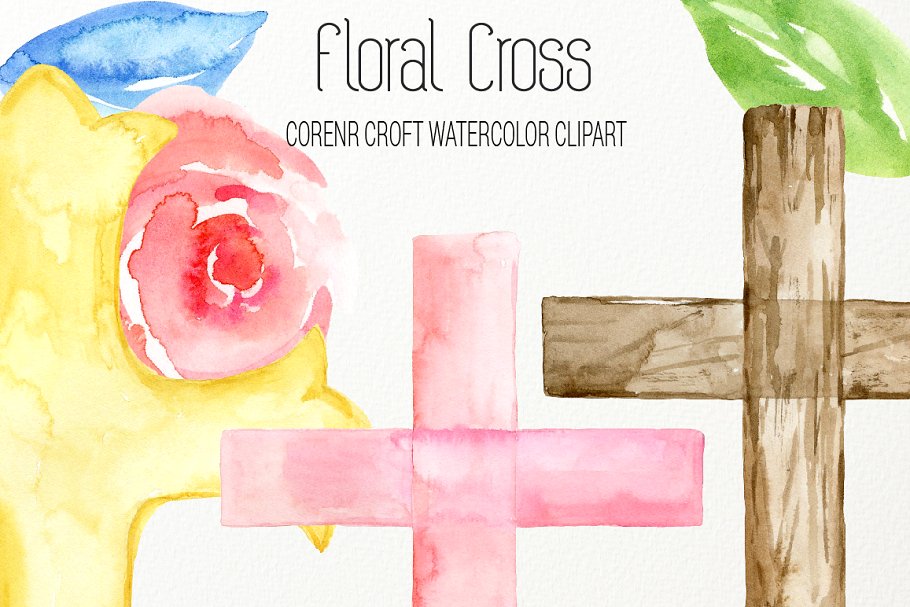 水彩艺术花卉十字架剪贴画 Watercolor clip Art Floral Cross插图(4)