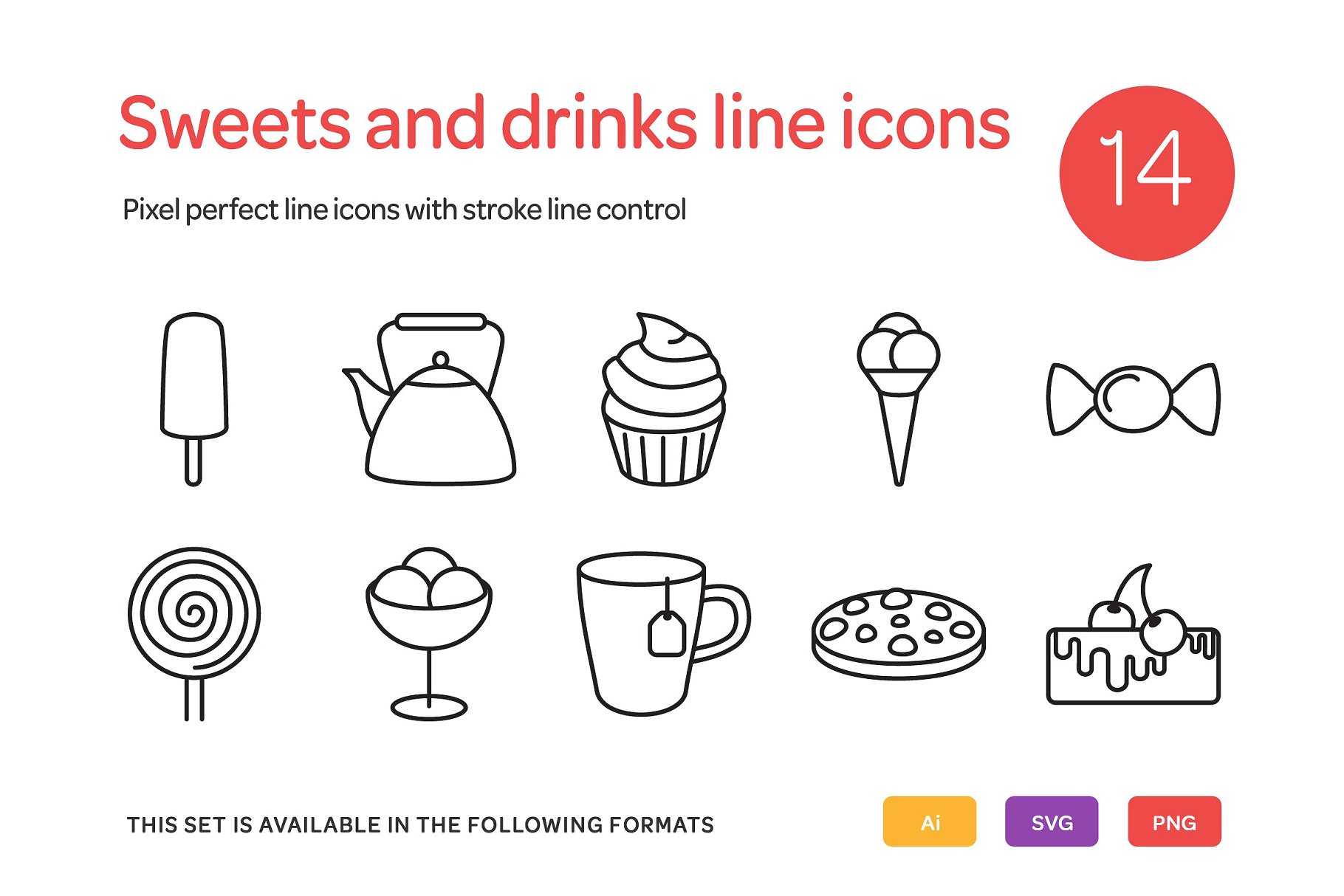 14个糖果和饮料系列线型图标集  Sweets and Drinks Line Icons Set插图