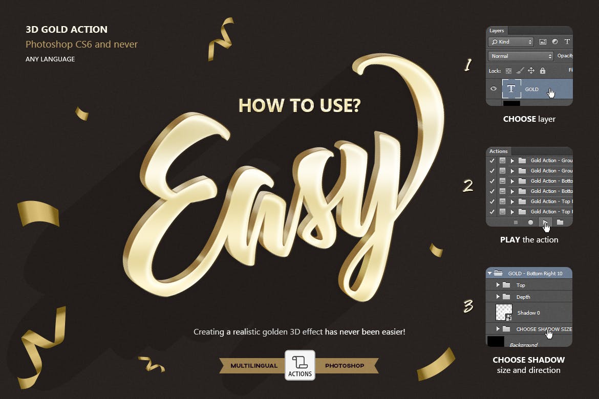 3D立体金色质感金属效果字体设计PS动作 Gold 3D – Photoshop Action插图(1)