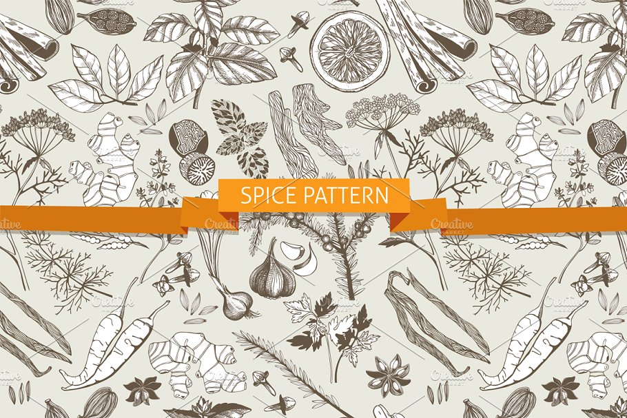 手绘厨房香料图案背景素材 3 Kitchen Spice Patterns Set插图