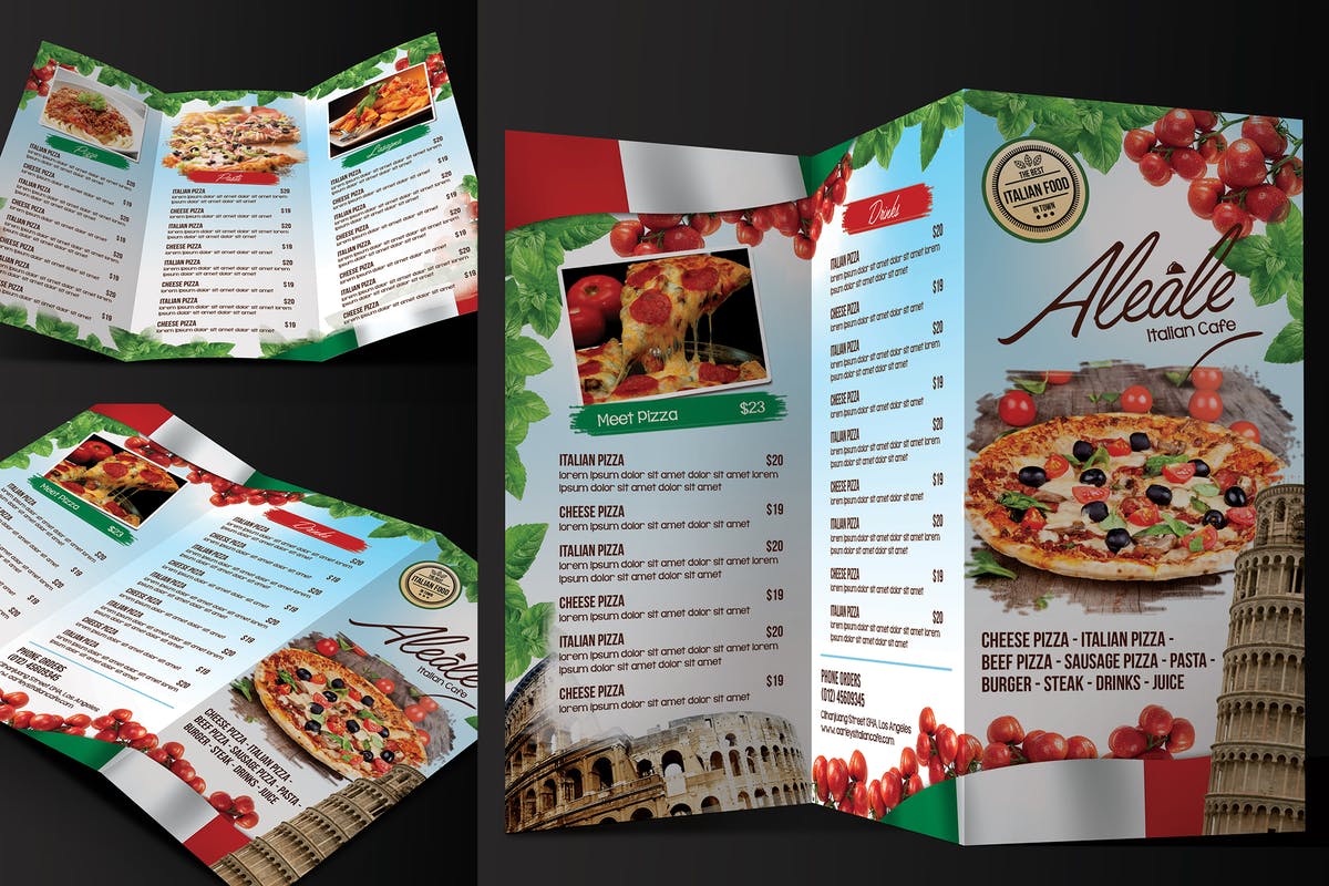 三折页意大利餐厅菜单设计PSD模板 Italian Food Menu Trifold插图