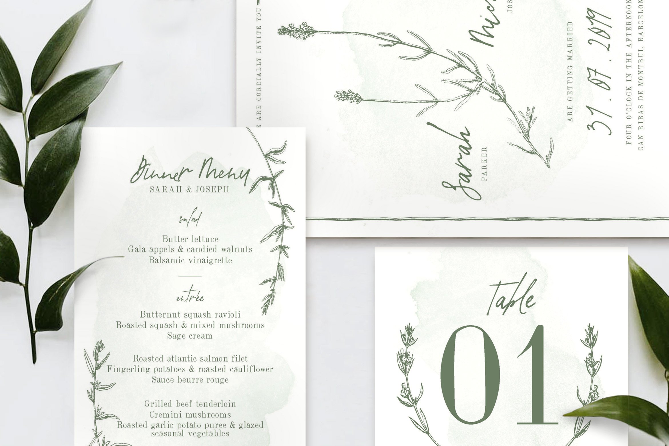 简单而优雅的自然素材婚礼请柬设计模板 Natural Floral Wedding Suite插图(2)