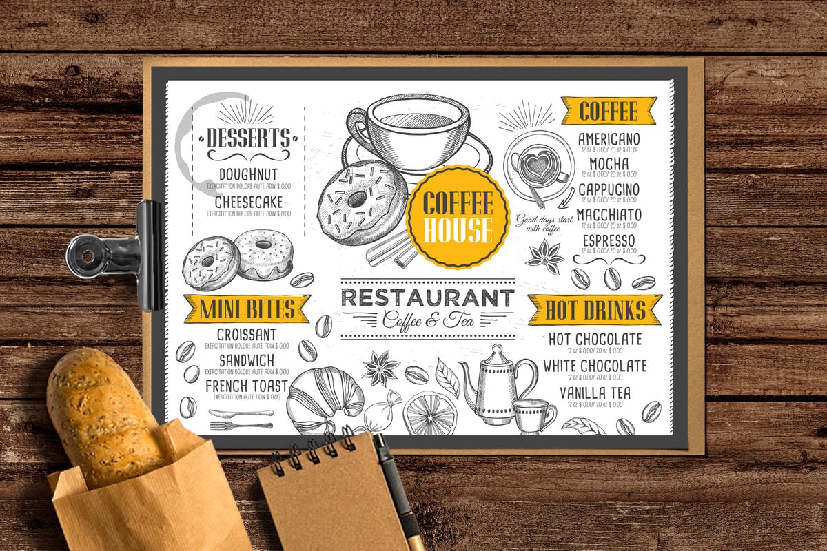 复古素描风格咖啡厅食品菜单设计模板 Coffee Menu Brochure插图