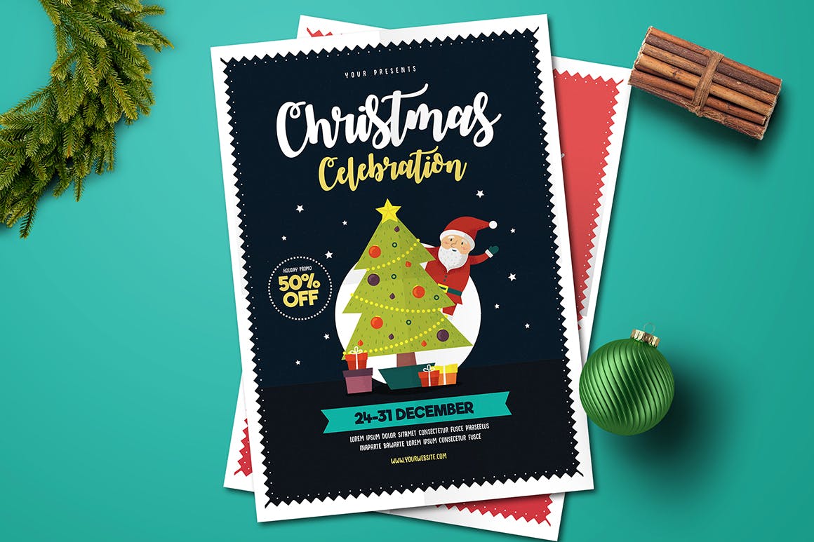 圣诞树/圣诞老人/圣诞礼物圣诞节促销活动海报模板 Christmas Celebration Flyer插图(2)