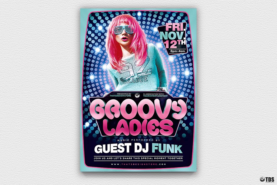DJ音乐狂欢派对宣传传单PSD模板 Groovy Ladies Flyer PSD插图(1)