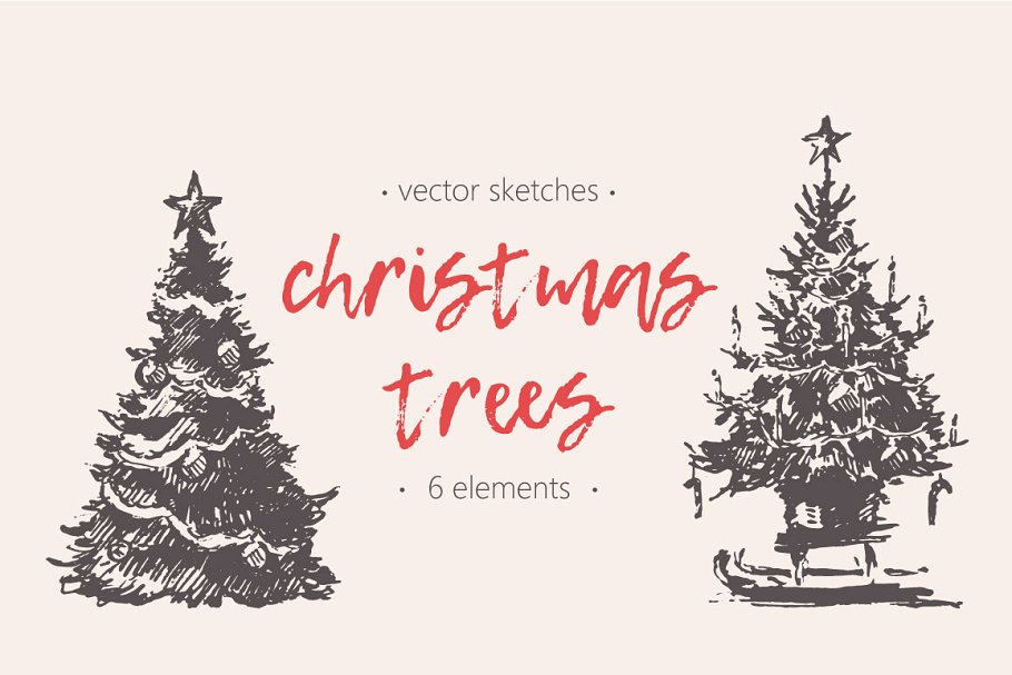 圣诞树钢笔素描图形 Sketches of Christmas trees插图