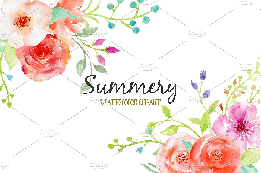 夏日鲜花，玫瑰，树叶和装饰元素水彩剪贴画 Watercolor Clipart Summery插图