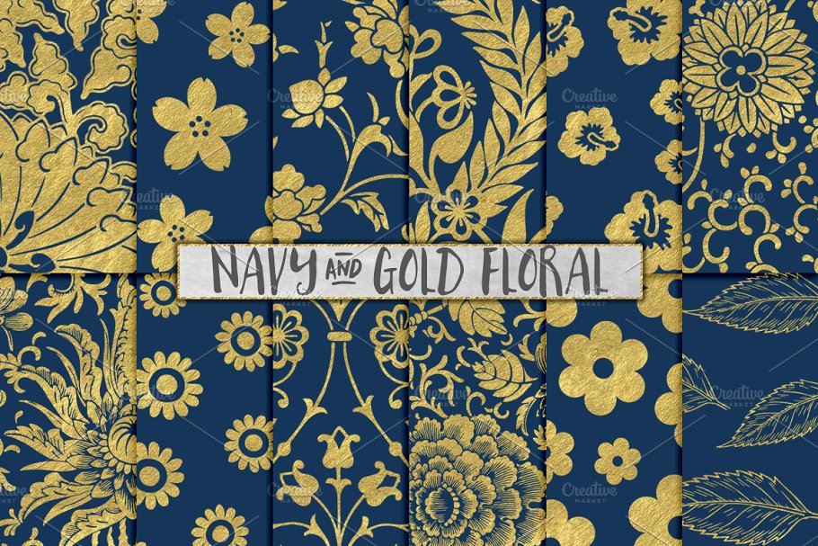 海军蓝和金色花卉图案背景 Navy and Gold Floral Backgrounds插图