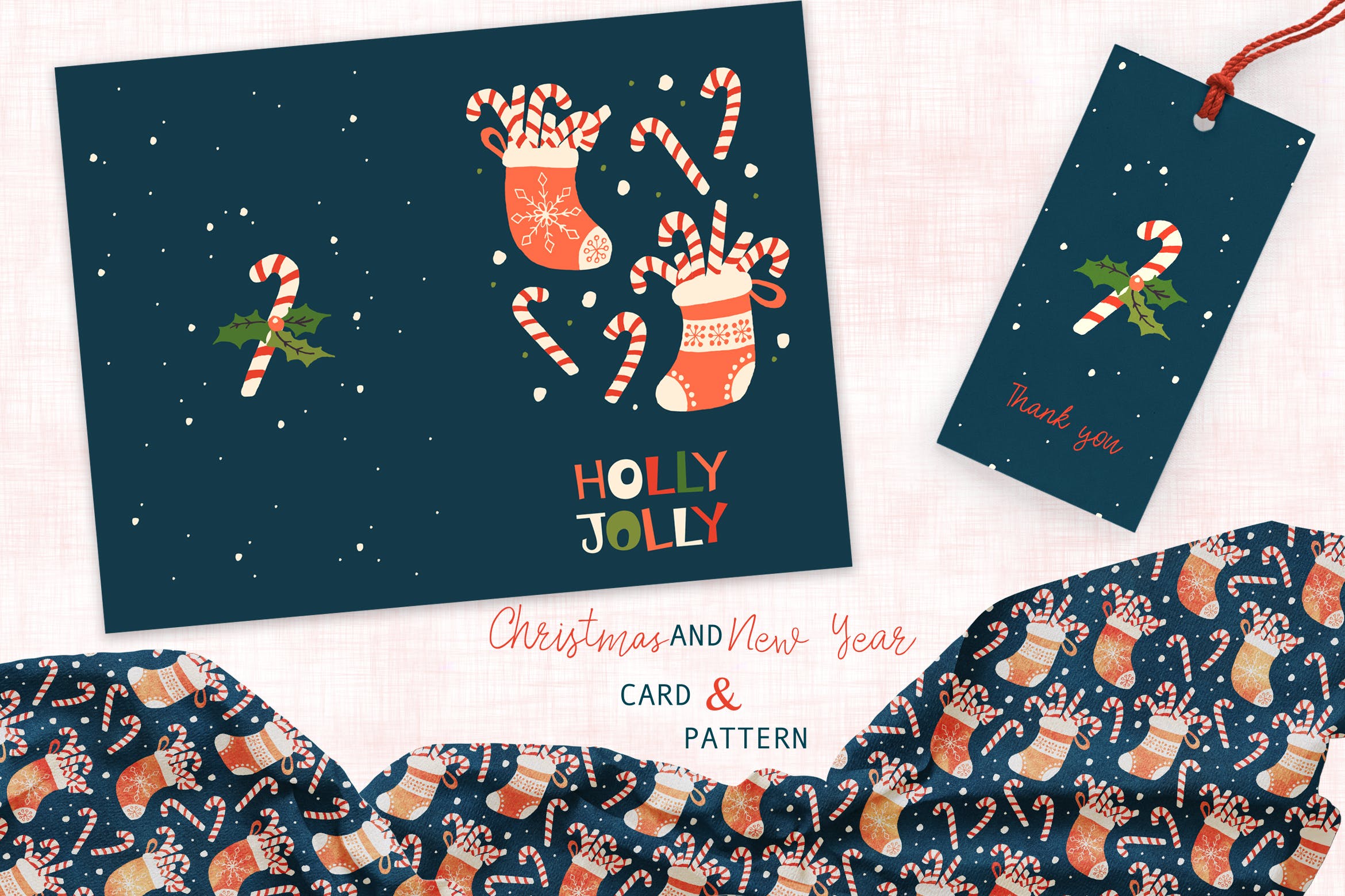圣诞袜子&圣诞拐杖糖手绘图案背景素材/卡片设计模板 Christmas Stocking card and pattern插图