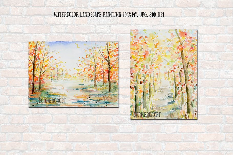 手绘水彩秋天山水景观背景 Watercolor Landscape Autumn Color插图(4)