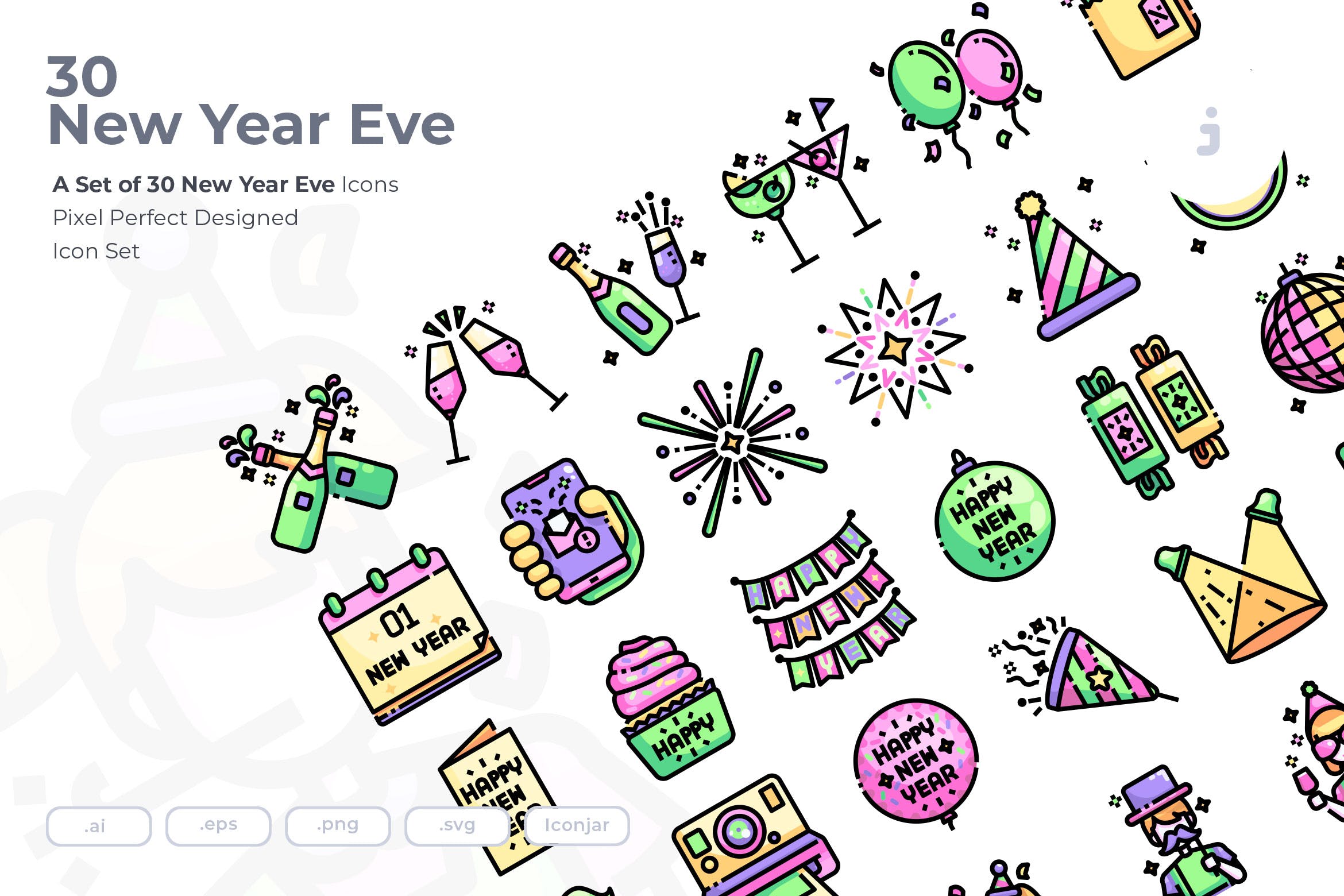 30枚新年倒数主题彩色矢量图标素材 30 New Years Eve Icons插图