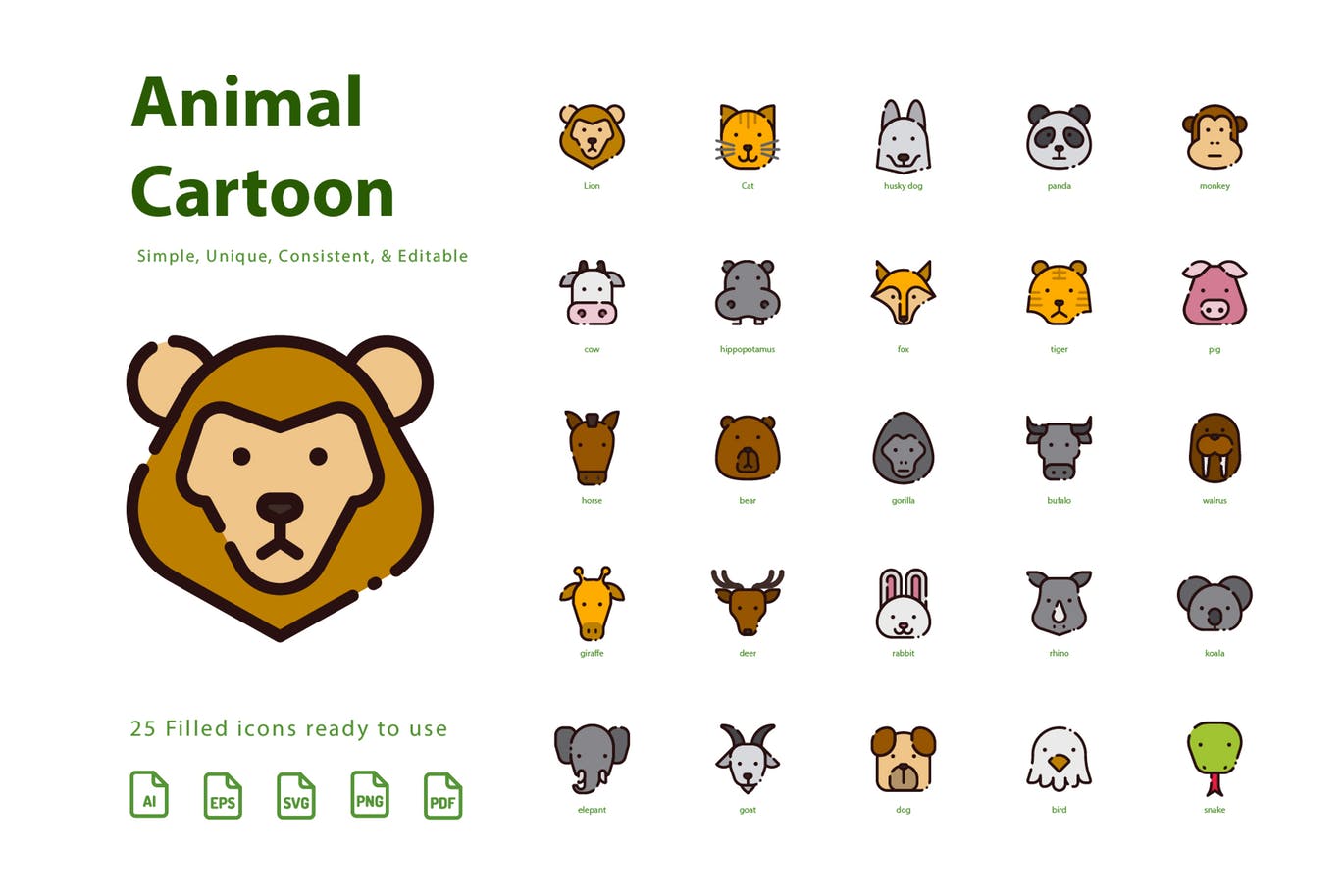 动物卡通形象填充图标素材 Animal Cartoon (Filled)插图(1)