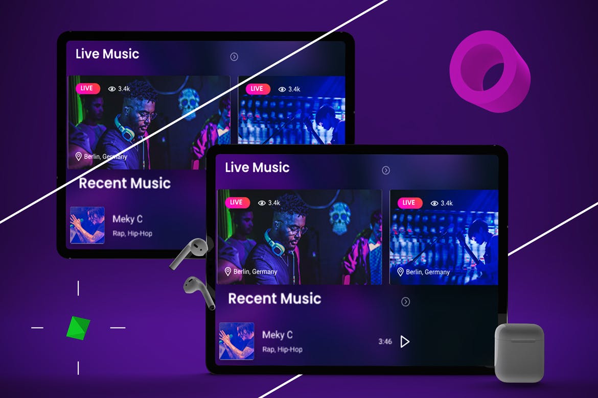 抽象设计风格iPad Pro平板电脑APP设计屏幕预览样机 Abstract iPad Pro Music App插图(4)
