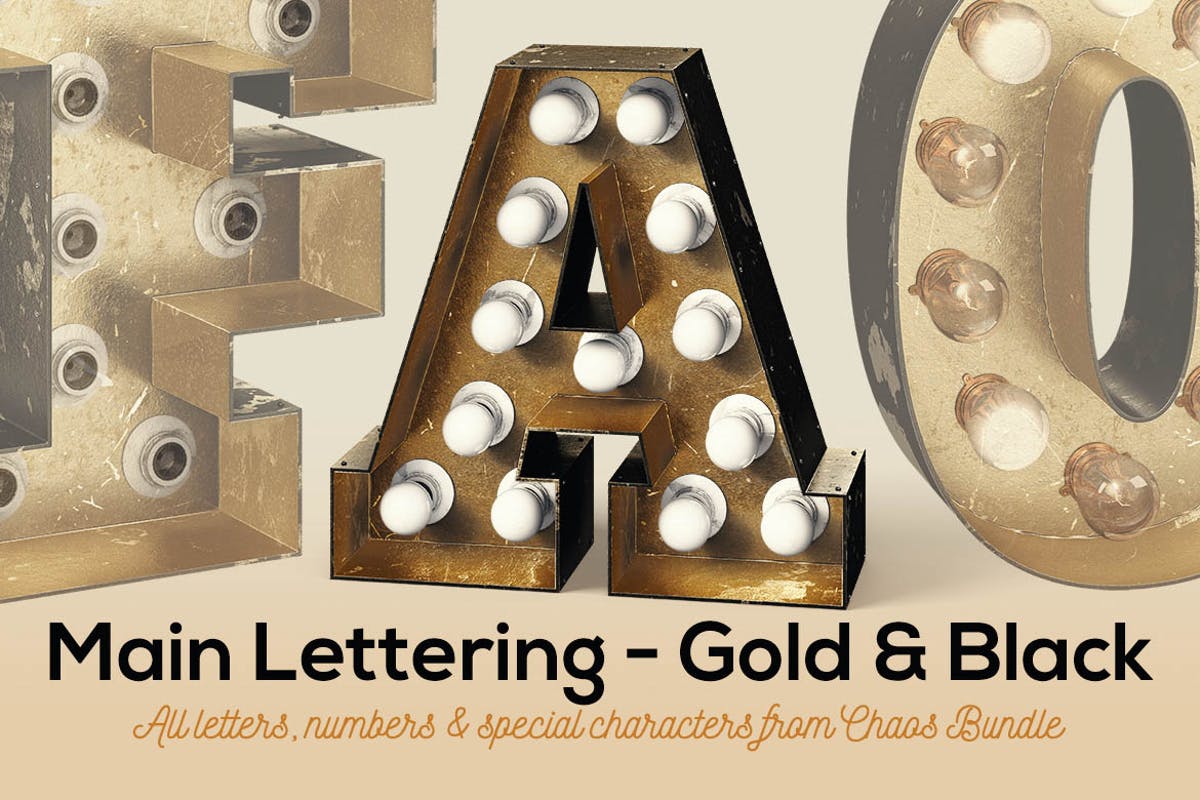 大帐篷灯泡装饰金属字体场景模板11 Marquee Light Bulbs Chaos 11 – Gold Black Letters插图