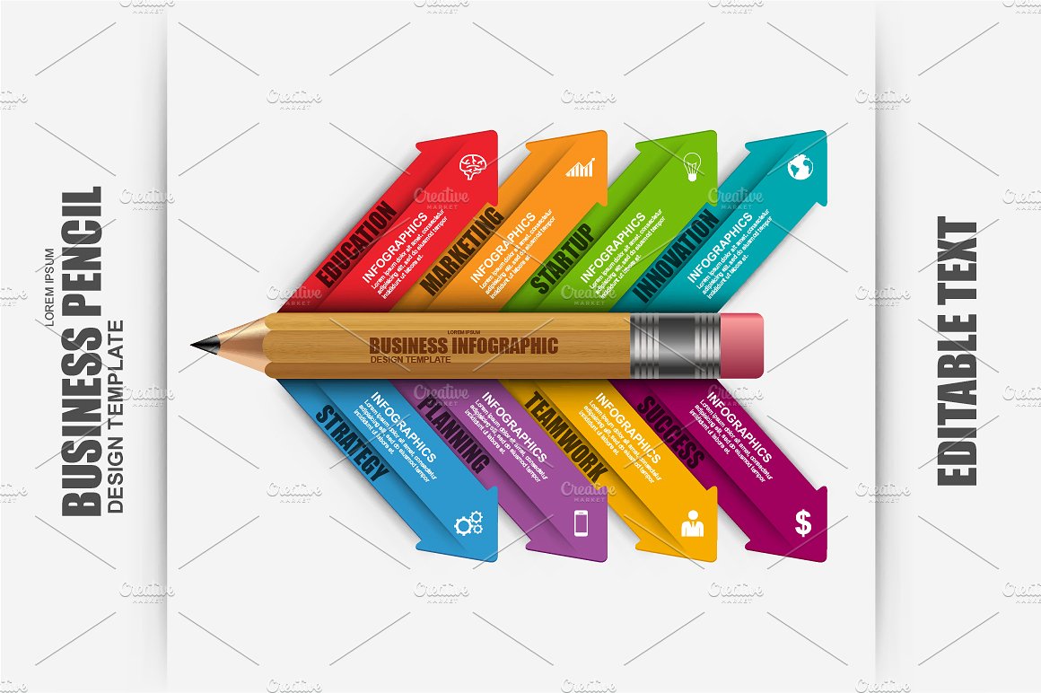 企业幻灯片设计铅笔信息图表设计元素 Business Pencil Infographic Elements插图