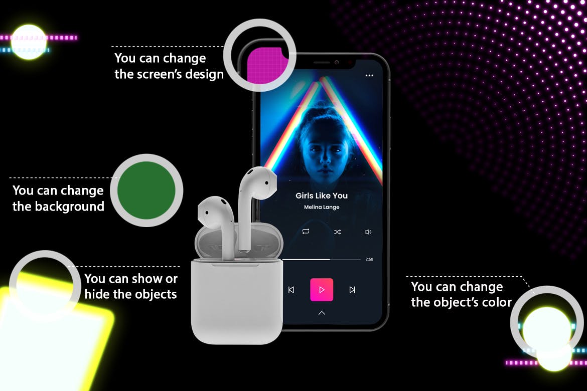 在线音乐APP设计效果图样机模板 Neon Music App MockUp插图(1)