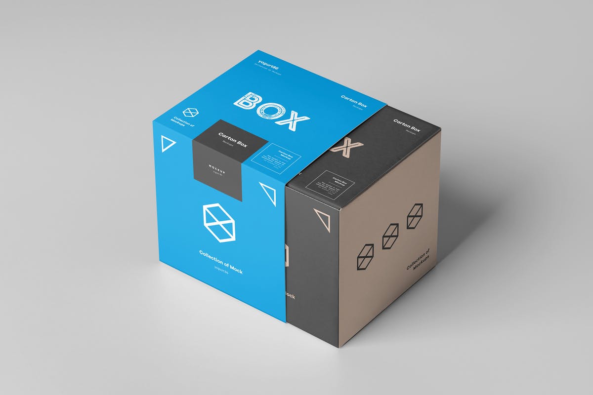 3D正方形纸箱包装样机 Carton Box Mockup 100x100x100 & Wrapper插图