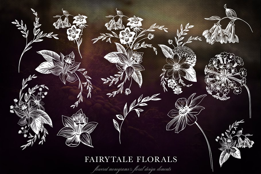 手绘花饰字母插画合集 Fairytale Florals Monogram Set插图(5)