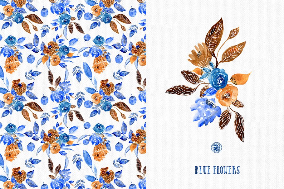 蓝色手绘水彩花卉插画合集 Blue Flowers插图(2)