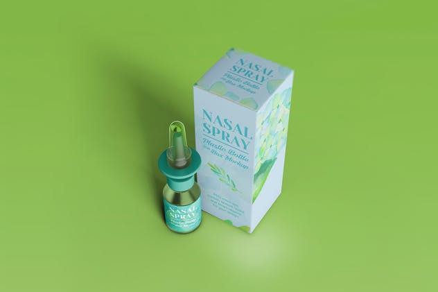 滴鼻瓶外观及包装设计样机模板 Nasal Spray Clear Bottle With Box Mockup插图(6)