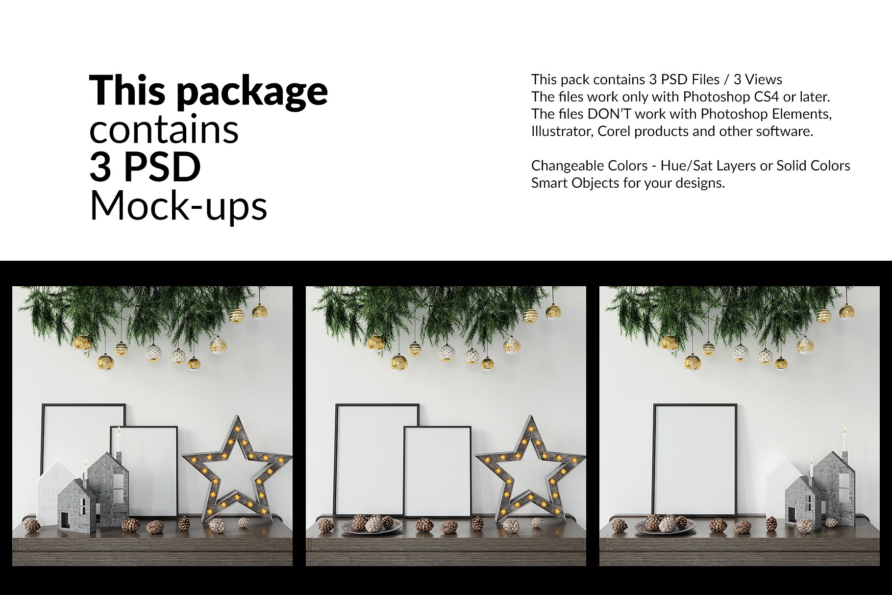 高品质的圣诞节画框框架和墙壁装饰展示样机 Christmas Frames & Wall Set [psd,jpg]插图(1)
