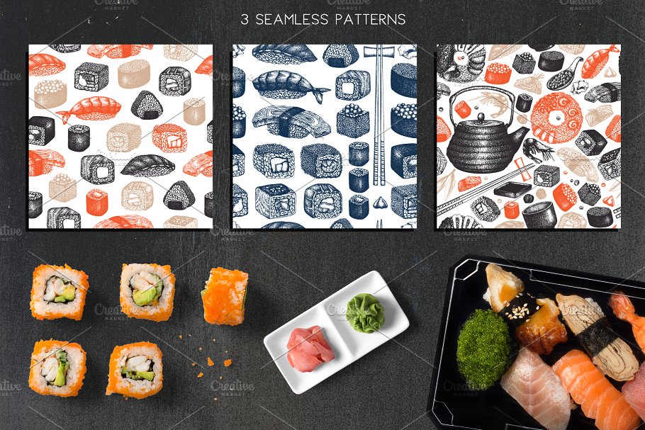 寿司&海鲜矢量插画素材 Vector Sushi & Seafood Set插图(5)