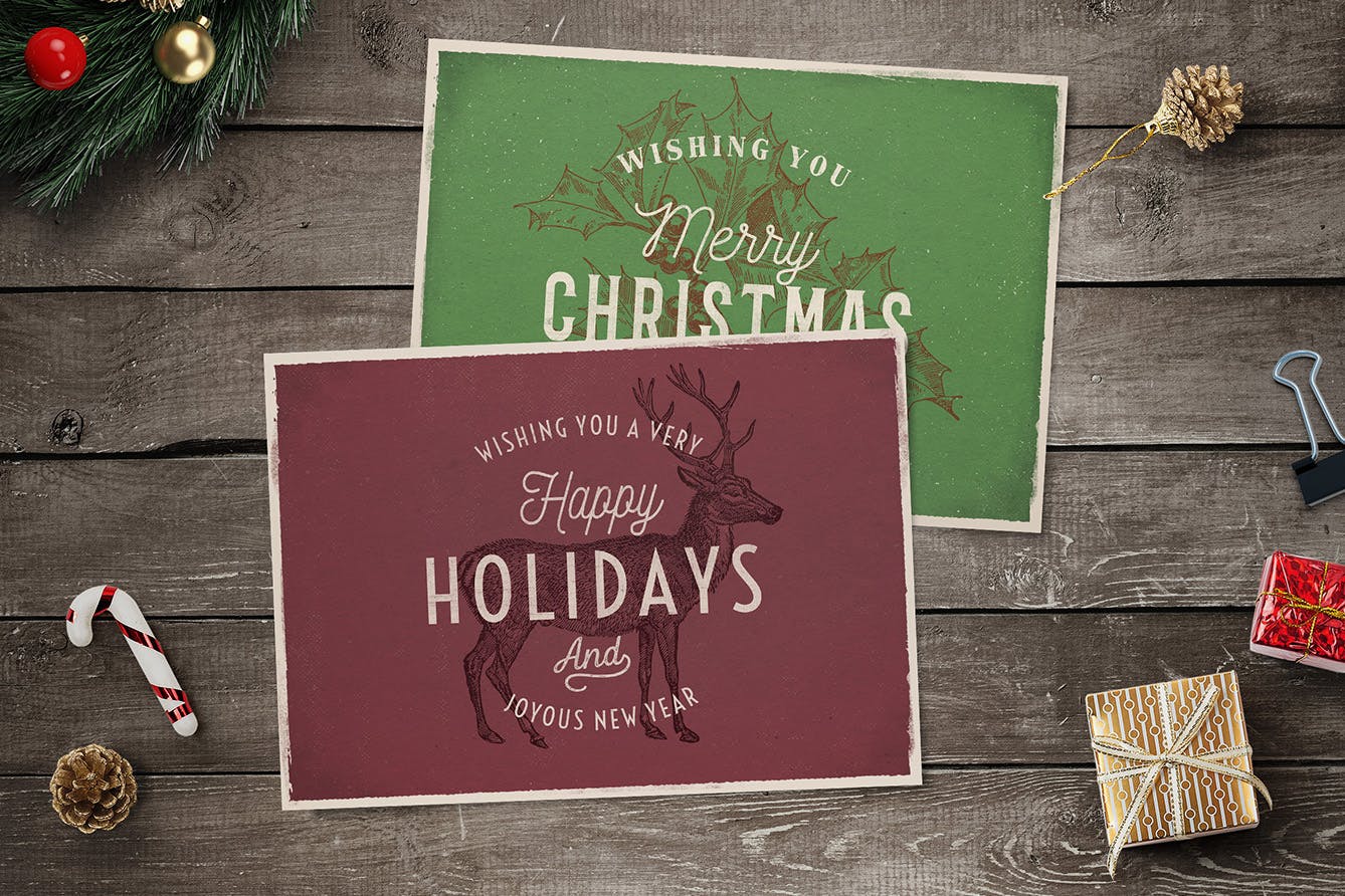 4款复古设计风格圣诞节贺卡模板 4 Vintage Christmas Cards插图