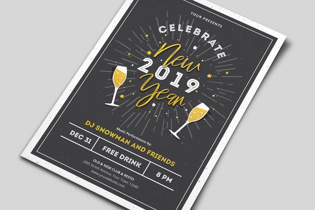 香槟图形新年祝酒会年会2019新年海报设计模板 New Year 2019 Flyers插图(1)