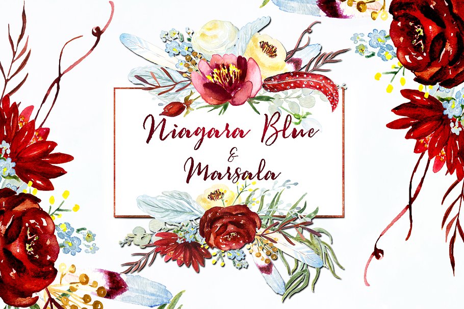 马沙拉白葡萄酒和尼亚加拉蓝水彩花卉剪贴画 Marsala and Niagara blue watercolors插图(4)