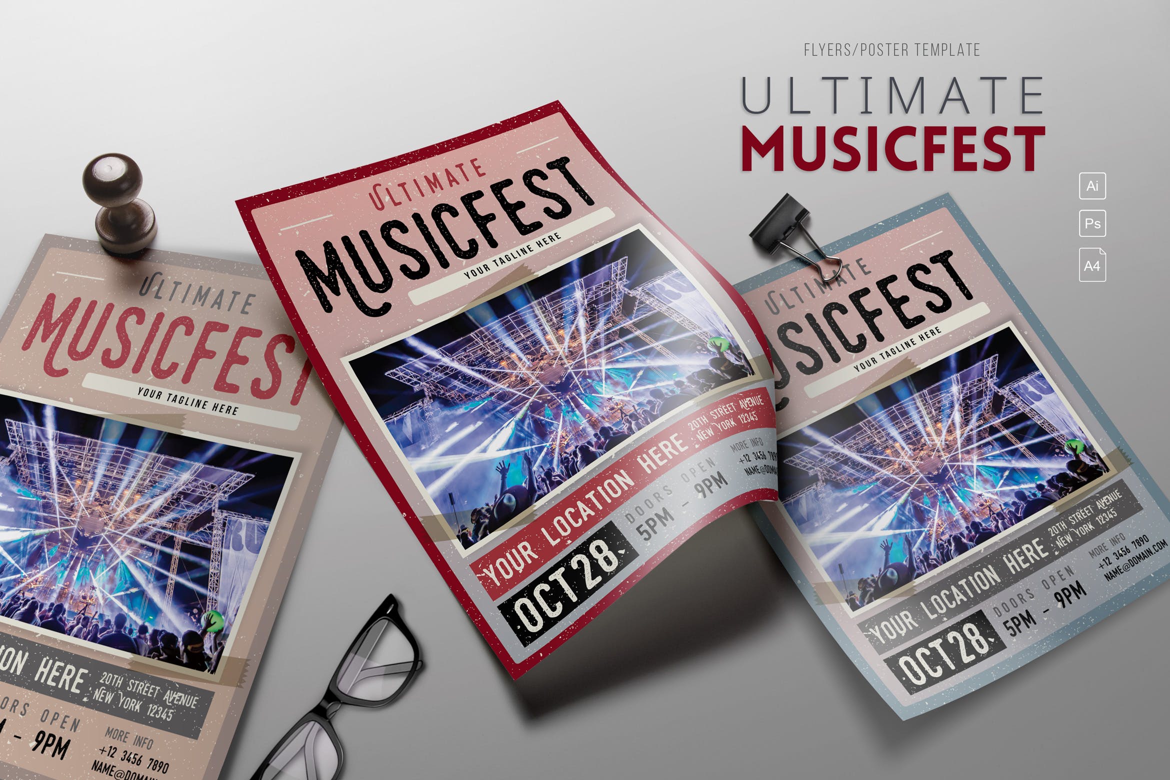 大型音乐节活动宣传海报设计模板 Ultimate MusicFest Flyers插图