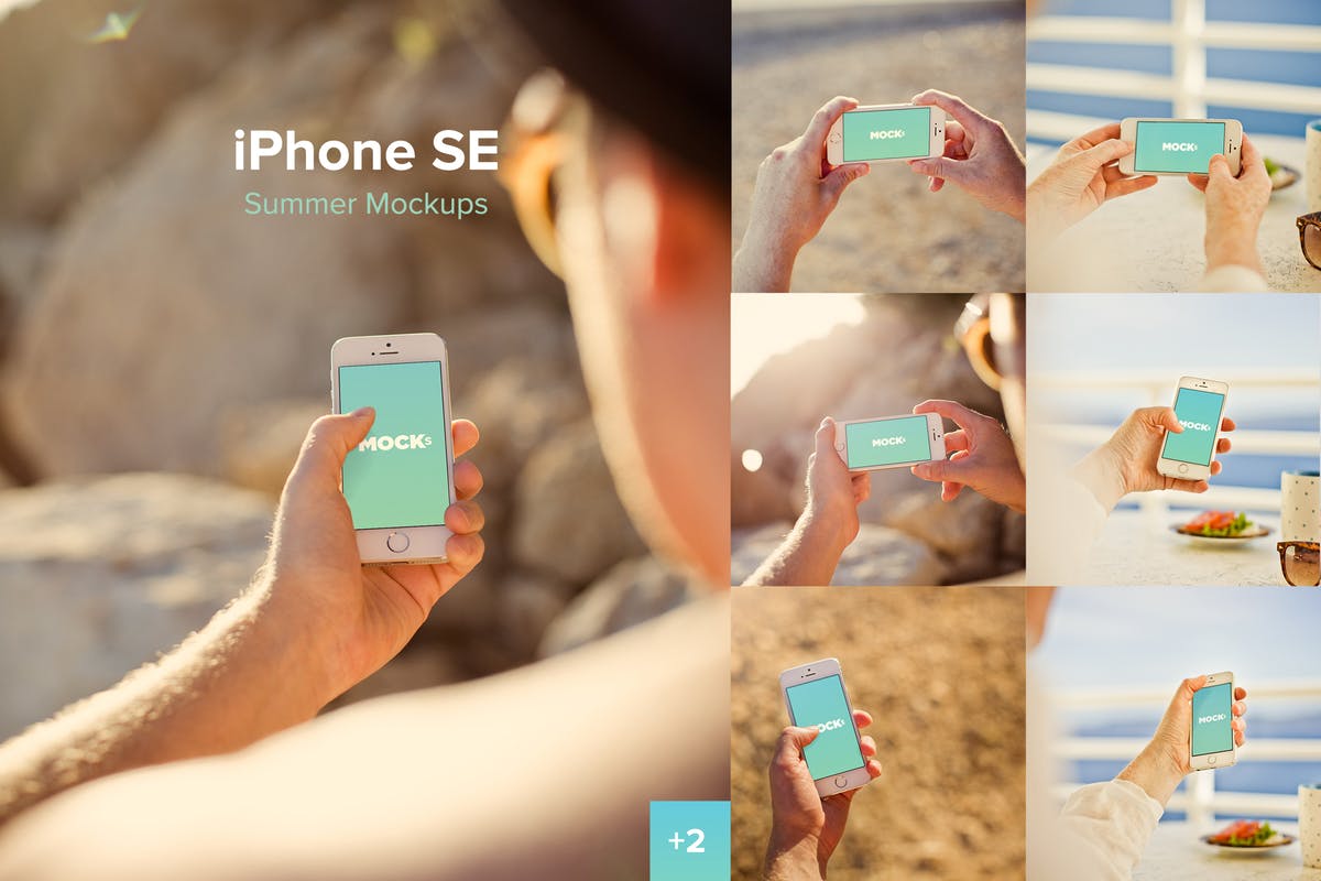 夏季海滩场景手持iPhone SE样机模板 iPhone SE Summer Mockups插图