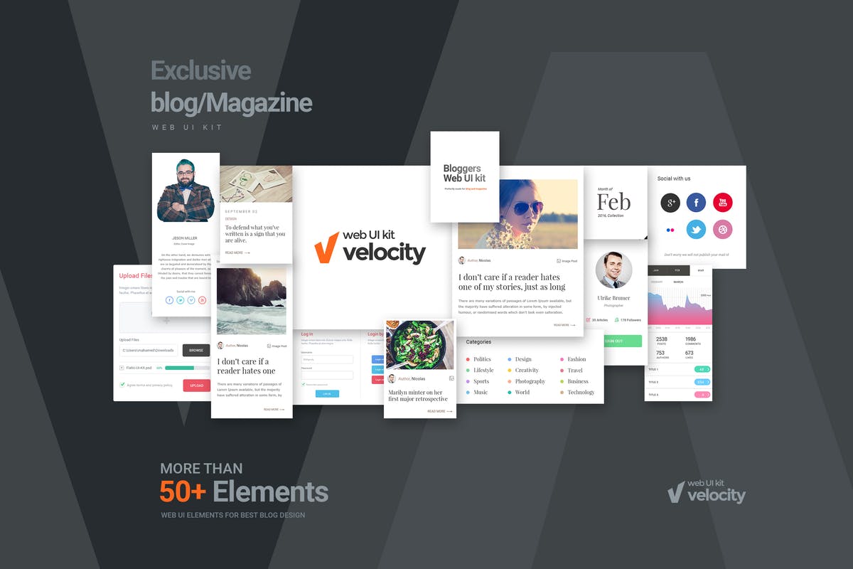 杂志类博客网站设计UI套件 Velocity Bloggers Web UI Kit插图