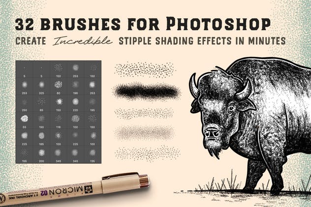 点画法艺术创作效果PS&AI绘画笔刷套装 Stipple Brush Set for Photoshop and Illustrator插图(1)