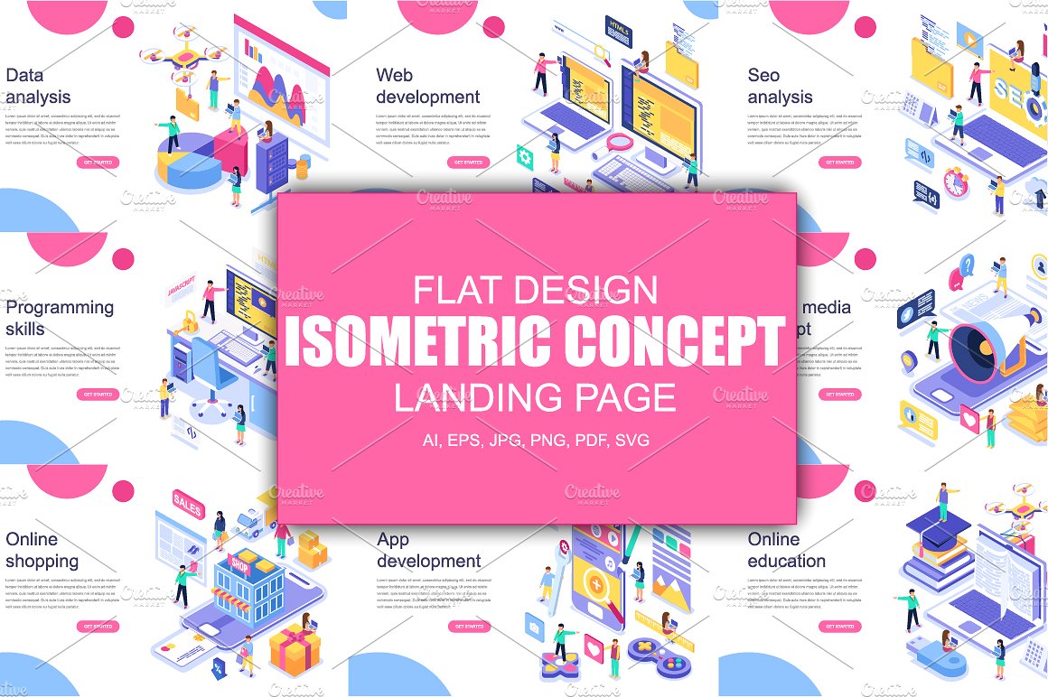 现代平面设计等距着陆页模板 Isometric Concept Flat Design插图