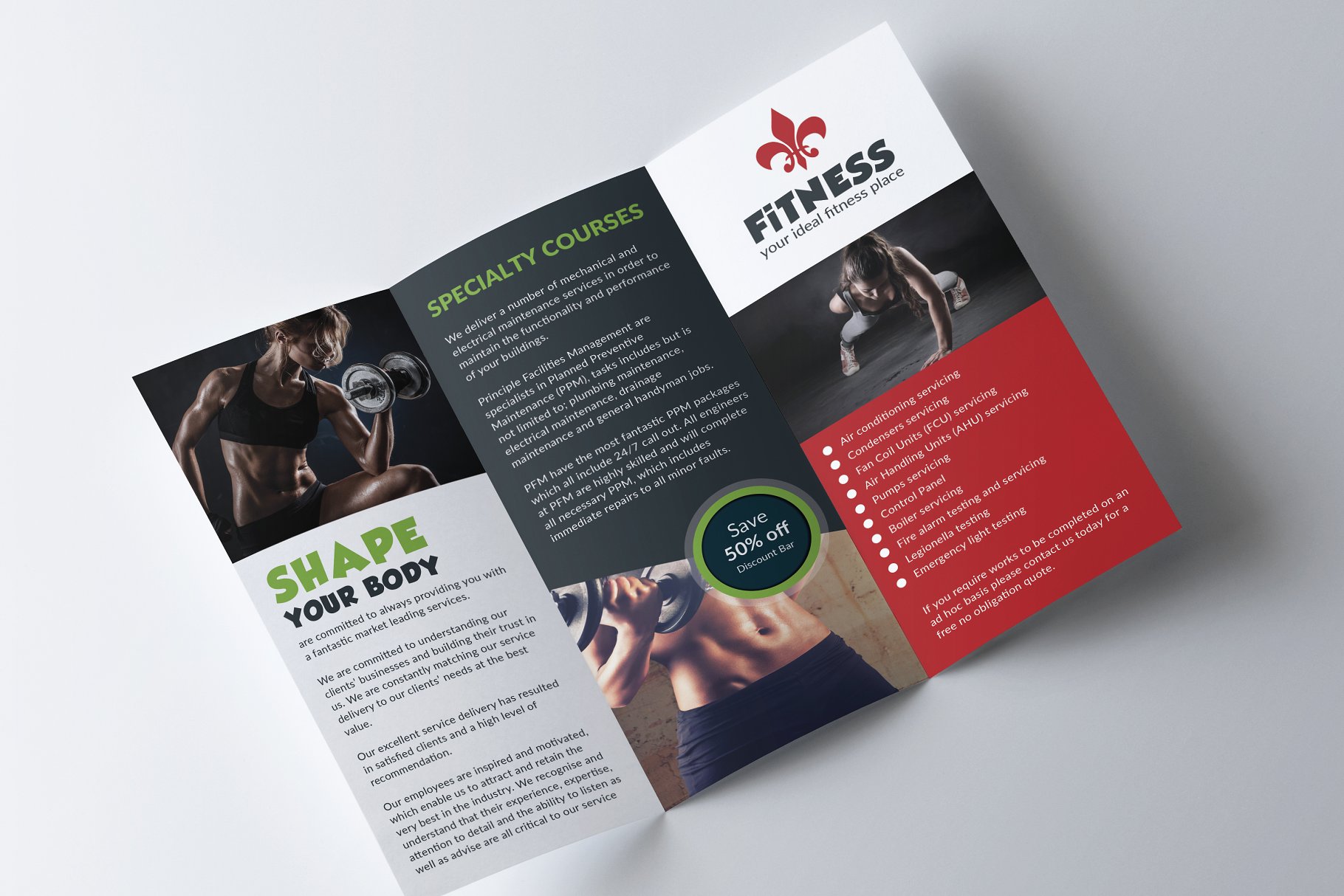 健身俱乐部三折页小册子传单模板 Gym and Fitness trifold Brochures插图(2)