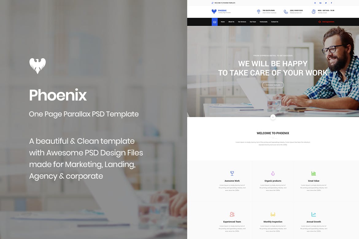 单页视差设计效果企业网站设计PSD模板 Phoenix – One Page Parallax PSD Template插图