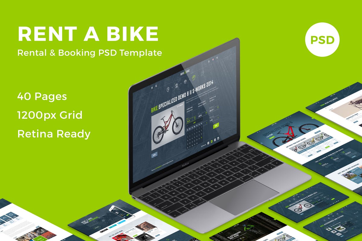 共享单车网页设计PSD模板 Rent a Bike – Rental & Booking PSD Template插图