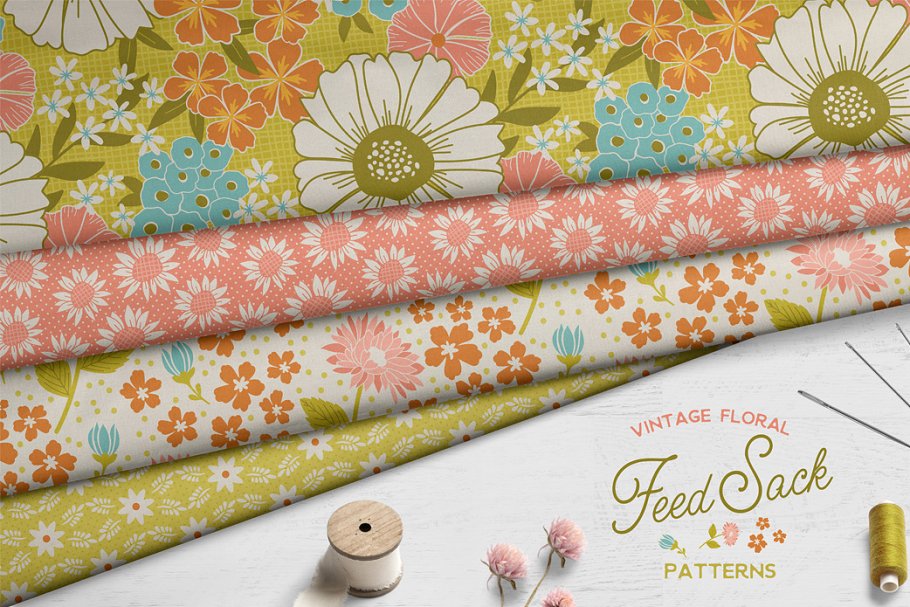 复古花卉图案纹理 Vintage Floral Feed Sack Patterns插图