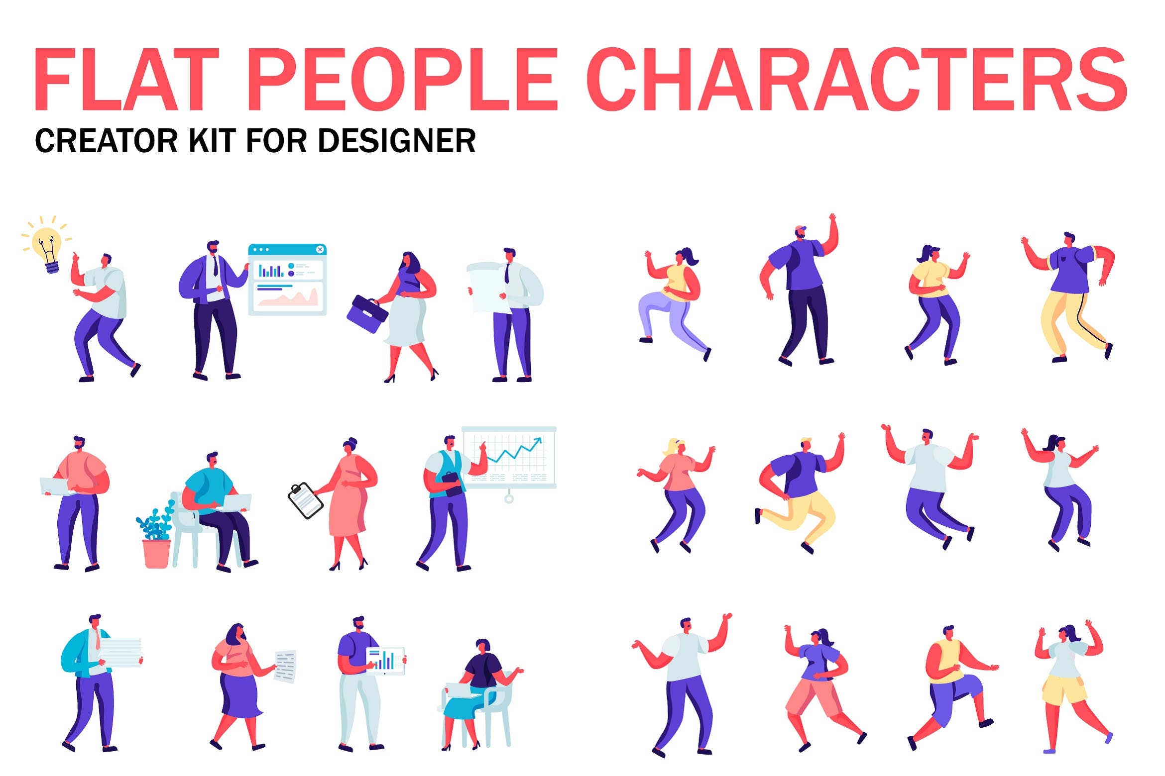 扁平化设计风格虚拟人物角色图形设计工具包v1 Flat People Character Creator Kit插图