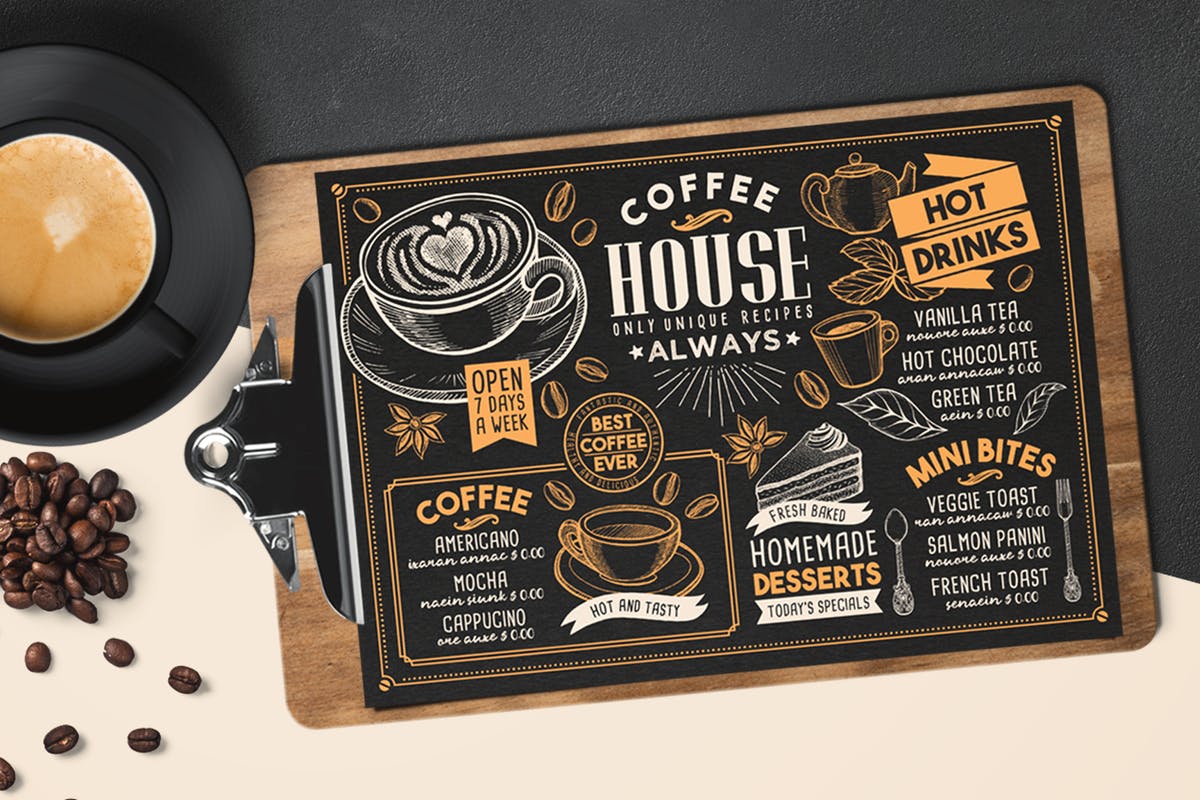 复古粉笔画设计咖啡馆菜单PSD模板 Coffee Menu Template插图