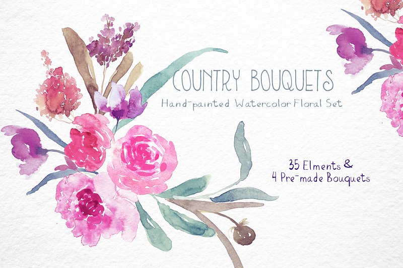 乡村水彩花束花卉剪贴画 Country Bouquets – Watercolor Floral插图(2)