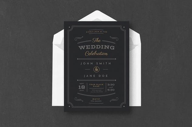 复古黑色婚礼邀请函PSD模板 Vintage Black Wedding Invitation插图(1)
