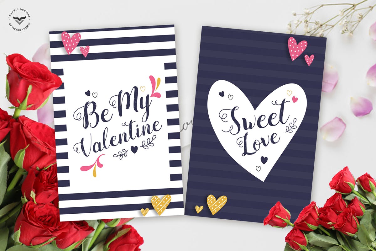 条纹风格情人节贺卡PSD模板 Valentines Day Greeting Card Template插图