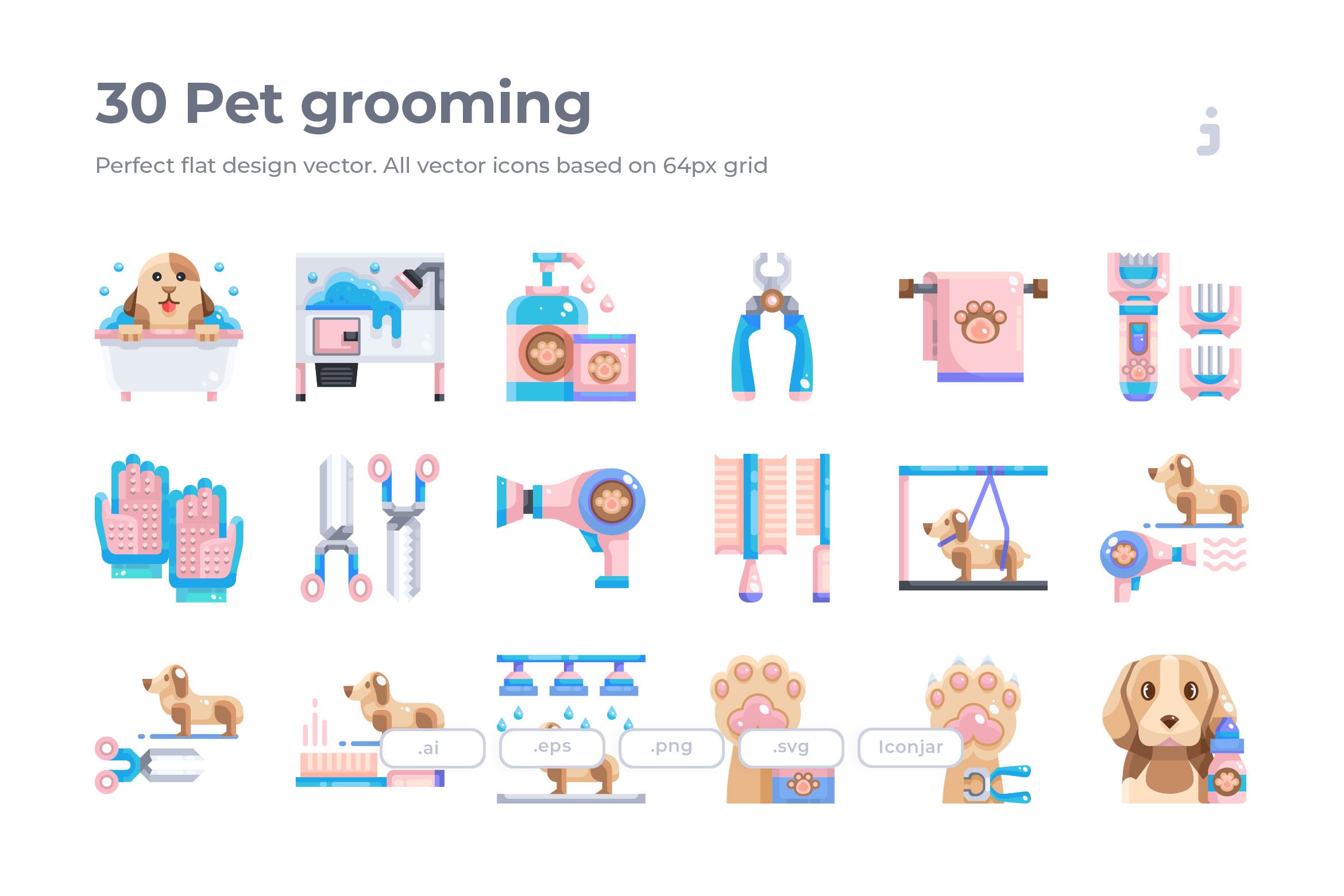 30枚扁平设计风格宠物美容主题矢量图标 30 Pet grooming Icons – Flat插图