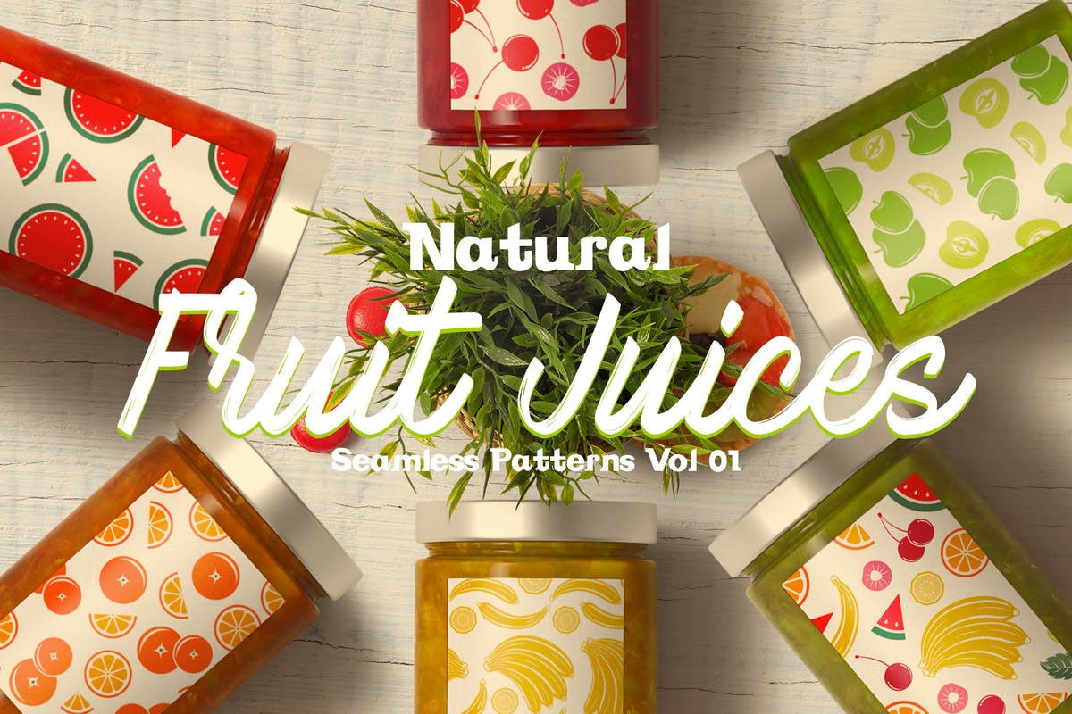 天然果汁图案包装设计无缝纹理v1 Natural Fruit Juices Seamless Patterns Vol1插图